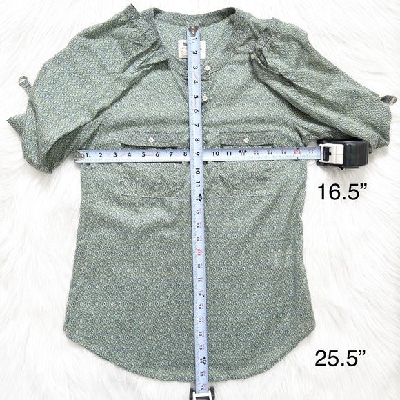 Anthropopogie Blue & Yellow Ikat Geometric Diamond Printed Roll Tab Sleeve Tunic - Picture 12 of 12